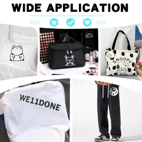 Wide application of Two Rolls Iron On Vinyl In Black And White, 12x35ft Each, Durable Polyurethane HTV for DIY Tees showcased on apparel and bags