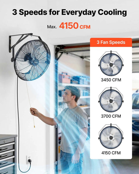 Heavy Duty 18 Inch Wall Mount Fan With IP44 Protection, 3 Speed Settings, long airflow distance, in garage setup