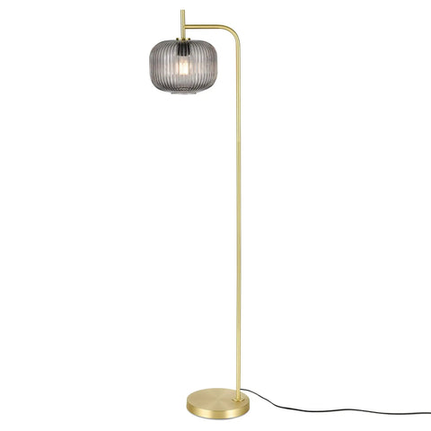 Etched Glass Floor Lamp With Brushed Brass Finish Smoke, Retro Vibe Meets Mid Century Modern Style, Slim Stem Design, On Off Foot Switch