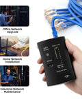 RJ45 RJ11 Ethernet Cable Tester For CAT5e To CAT7, hand-held black LED continuity checker with blue LAN cables
