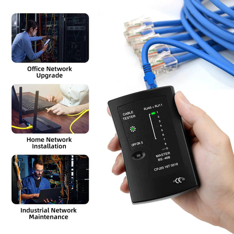 RJ45 RJ11 Ethernet Cable Tester For CAT5e To CAT7, hand-held black LED continuity checker with blue LAN cables
