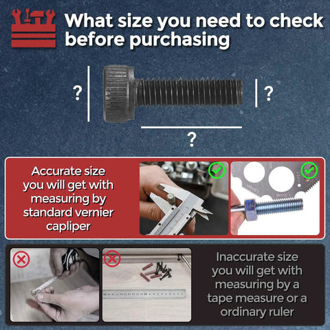 Heavy Duty Socket Head Cap Screws M1.4 X 6mm with Black Oxide, measuring size accurately with a caliper in image.