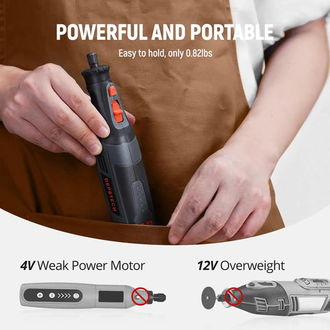 Person holding Cordless Rotary Tool Kit with 8V 2.5Ah Battery, highlighting portability and compact design.