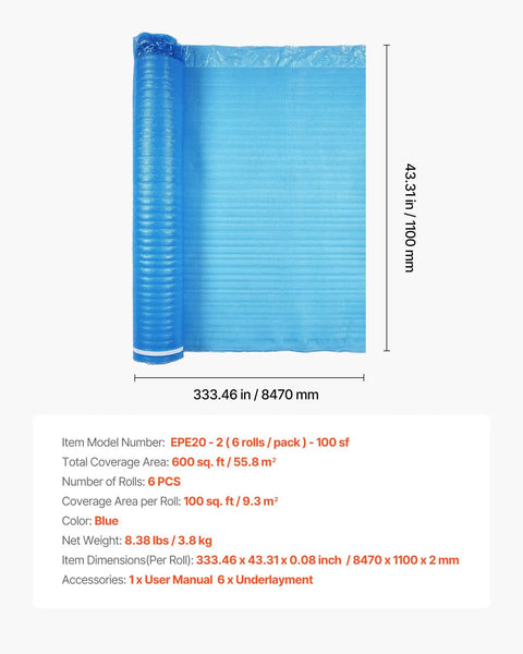 Rock Solid No Sweat Floor Underlayment 600 Square Feet 2 Mm Thick EPE Foam Padding roll, blue, detailed dimensions visible.