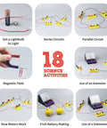 Electricity And Magnetism Kit For Kids With 50 Pieces, showing examples of 18 science activities and circuit experiments.