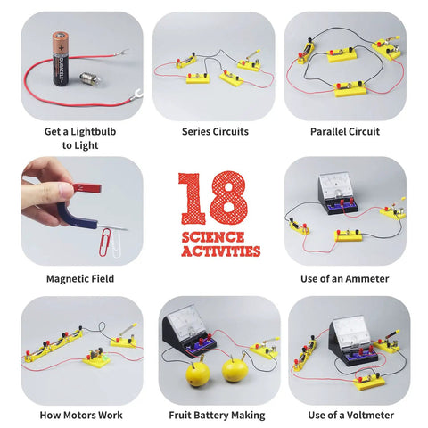 Electricity And Magnetism Kit For Kids With 50 Pieces, showing examples of 18 science activities and circuit experiments.