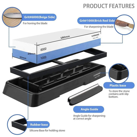 Pro-Grade Knife Sharpening Stone Set With Dual Sided 1000/6000 Grit Waterstone, Angle Guide, Non-Slip Base Holder detailed view