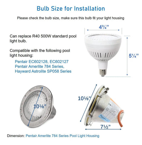 Diagram showing LED Pool Light Bulb 120V 60W 6000lm Bright White 6500K Replacement dimensions and compatible housing.
