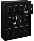 Built Different 12 Door Tablet And Cell Phone Locker Featuring Keyed Differently Locks Built In Padlock Hasps Master Key Access And Solid Black Finish for secure device storage.