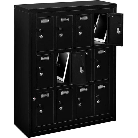 Built Different 12 Door Tablet And Cell Phone Locker Featuring Keyed Differently Locks Built In Padlock Hasps Master Key Access And Solid Black Finish for secure device storage.