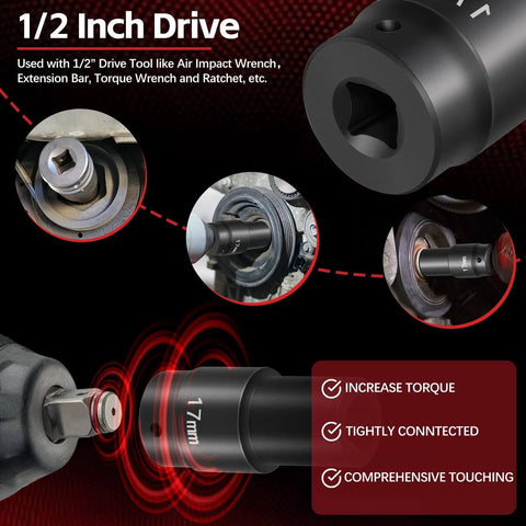 17mm Harmonic Balancer Socket For Half Inch Drive, Built Tough Heavy Duty 77060 Crank Bolt Socket, shown with impact wrench