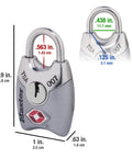 TSA Approved Luggage Lock Set 4 Pack Keyed Alike, Built Tough From Zinc Alloy; close-up dimensions view, silver lock
