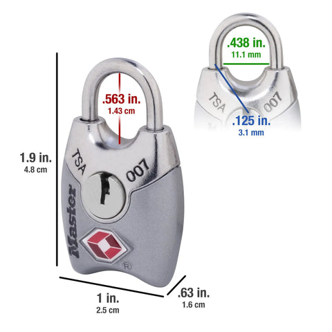 TSA Approved Luggage Lock Set 4 Pack Keyed Alike, Built Tough From Zinc Alloy; close-up dimensions view, silver lock