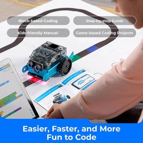 MBot2 Coding Robot For Kids Ages 8 14 And Up, Learn Scratch And Python With An Awesome, Kid-Friendly, Hands-On STEM Robotics Kit For Boys And Girls, Build, Code, And Explore Weather, Lights, And Music Features shown on coding mat