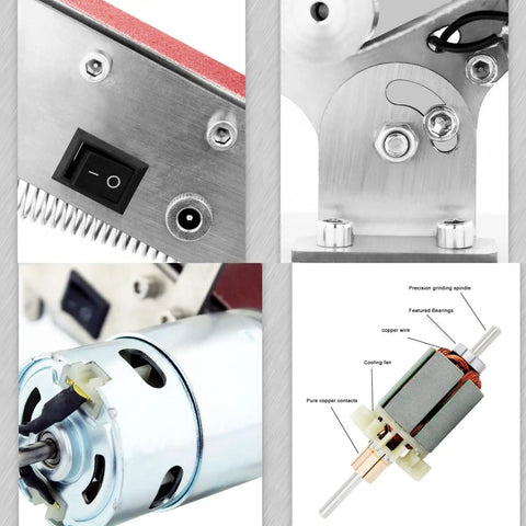 Close-up of Heavy Duty Mini Belt Sander With 90 Degree Adjustable Head motor assembly showcasing precision components and switch.