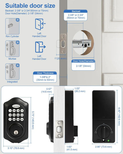 Hassle Free Keyless Entry Door Lock With Glowing Backlit Keypad And Smart Bluetooth App Control In Classy Matte Black Finish dimensions and installation guide.
