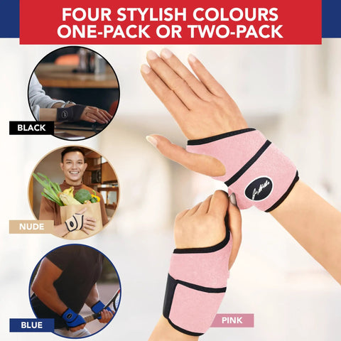 Wrist Brace For Carpal Tunnel And Tendonitis With Comfortable Hand Support Pink One Pack Great For Fitness And Weightlifting Includes Handy Handbook For Easy Self Care, pink brace shown on hands.