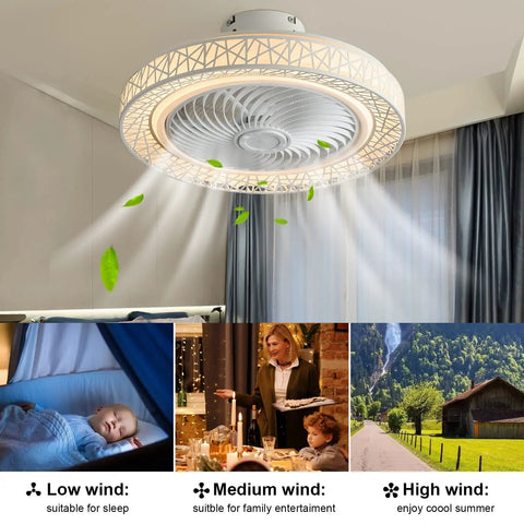 Bladeless 20 Inch Flush Mount Ceiling Fan With Remote Control, 72W, Three Color Temperatures, showing airflow effects indoors