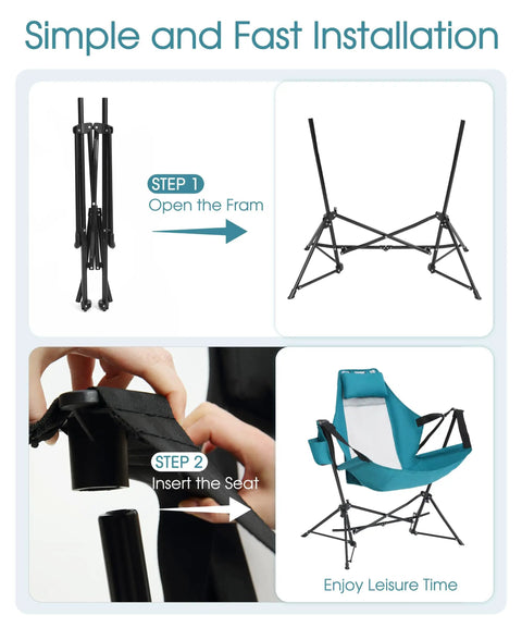 Assembly of Two Pack Hammock Camping Chairs With Stand And Storage Bag, showing folding frame and seat insertion, blue chair