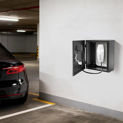 Rock Solid EV Charger Enclosure Box Featuring Quick Set Combo Lock Wall Mount Weatherproof Shield for Garage Driveway and Public Electric Car Plug Safe Zones.
