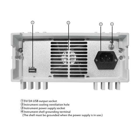 Back view of 32V 6A Adjustable Multi Channel DC Power Supply MPS-3264 with USB output, ventilation hole, and power socket
