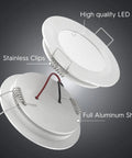 Tough As Nails 2.75 Inch Slim Recessed Ceiling Light With Dimmable LED Puck showcasing aluminum shell and stainless clips.