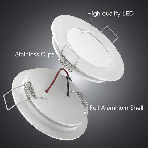 Tough As Nails 2.75 Inch Slim Recessed Ceiling Light With Dimmable LED Puck showcasing aluminum shell and stainless clips.