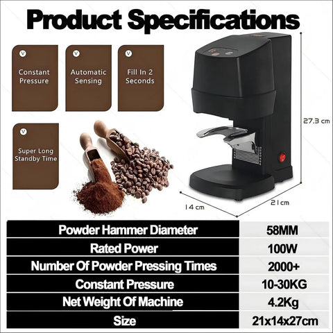 Product specifications for Automatic 58 MM Electric Espresso Tamper With Precision Pressure Dial and Height Adjustable Handle.