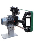 Rock Solid 2 By 71 Inch Variable Speed Belt Grinder with three grinding wheels for knife sharpening.