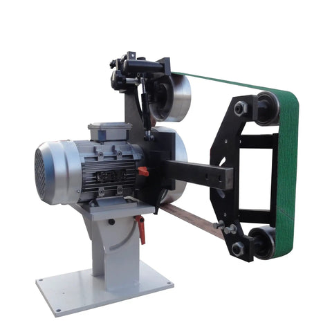 Rock Solid 2 By 71 Inch Variable Speed Belt Grinder with three grinding wheels for knife sharpening.