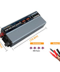 Beast 1000W Pure Sine Wave Inverter From 12V DC To 110V 120V AC showing dimensions, LCD display, and accessories including fuses and battery clips.