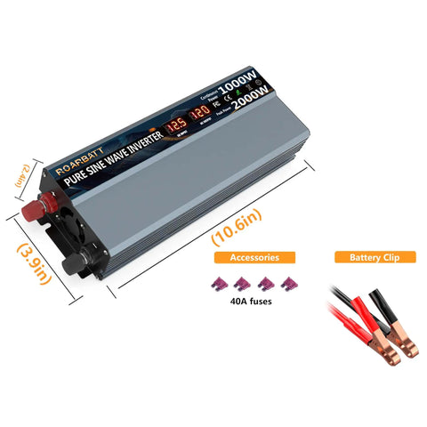 Beast 1000W Pure Sine Wave Inverter From 12V DC To 110V 120V AC showing dimensions, LCD display, and accessories including fuses and battery clips.
