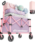 Lightweight Collapsible Wagon Cart for Grocery Camping and Sports with Easy Fold Design in pink and purple, loaded with gear.