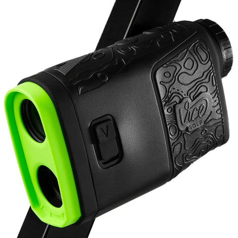 Close-up side view of the Horizon Golf Laser Rangefinder With Slope Switch For Accurate Yardage, featuring a green lens and textured grip.