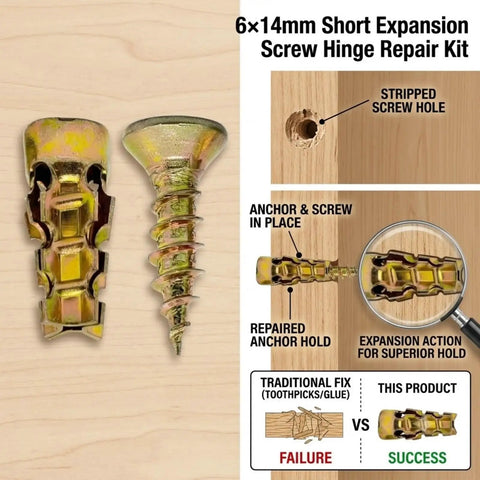 Image of 6x14mm Short Expansion Screw Set for Cabinet Hinge Repair and Loose Hole Fix, showing metal anchors and repaired hole.