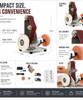 Badass Electric Belt Sander Featuring Adjustable Angle And Seven Speed Switches Spanning Four Thousand To Nine Thousand RPM on a workbench.