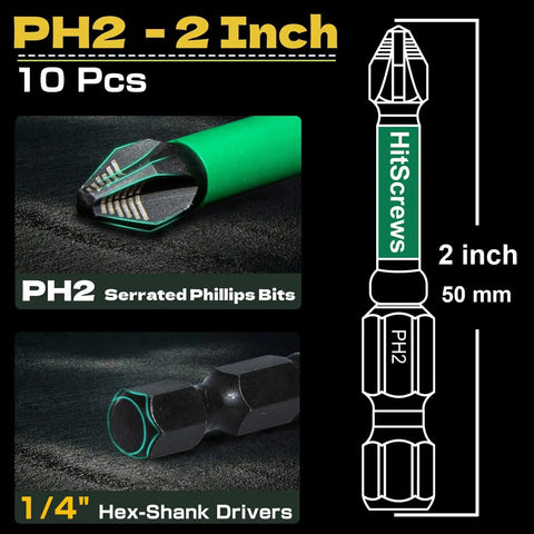 Anti Slip PH2 Impact Driver Bits Set 2 Inch Magnetic S2 Steel With Laser Etched Micro Slip Grip for heavy duty repairs and home improvement