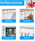 Decorative Brushed Gold Shower Curtain Hooks in use in a bathroom, wardrobe, living room, and kitchen, multipurpose display