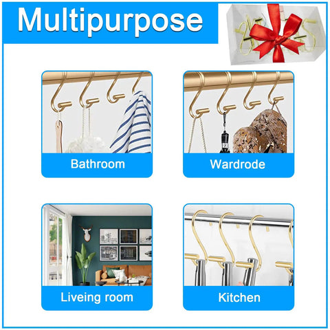 Decorative Brushed Gold Shower Curtain Hooks in use in a bathroom, wardrobe, living room, and kitchen, multipurpose display
