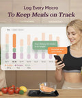 Woman using Smart Food Scale With Nutritional Calculator And Free App For AI Scan Calorie And Macro Tracking Food Preload On Screen Nutrient Info Personal Goals And Rechargeable Battery 11 Lb Capacity with digital nutrition display in kitchen