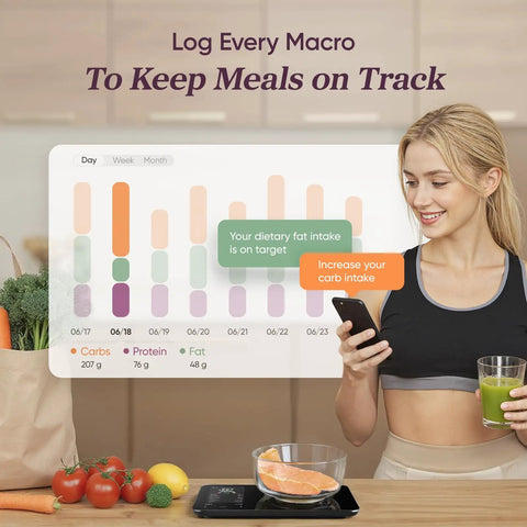 Woman using Smart Food Scale With Nutritional Calculator And Free App For AI Scan Calorie And Macro Tracking Food Preload On Screen Nutrient Info Personal Goals And Rechargeable Battery 11 Lb Capacity with digital nutrition display in kitchen