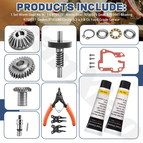 Heavy Duty Stand Mixer Worm Gear Kit Replacement For 5Qt And 6Qt Models Includes Worm Gear, Gear, Bearing, Gasket, Circlip And Two 1.8 Oz Food Grade Grease Tubes Fits A Bunch Of Appliances Requiring Food Grade Lubricant