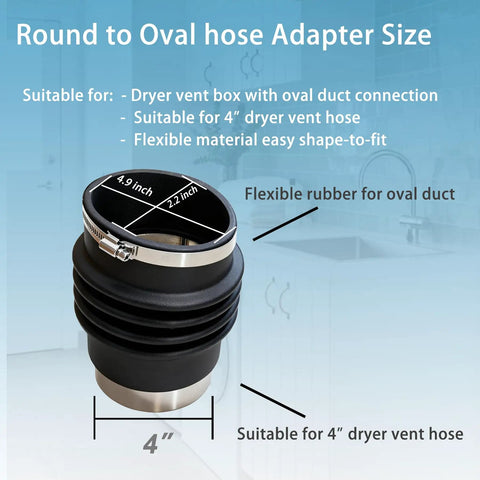 Round To Oval Duct Adapter For Recessed Dryer Vent Box 4 Inch Flexible Rubber Connector, 4" hose size