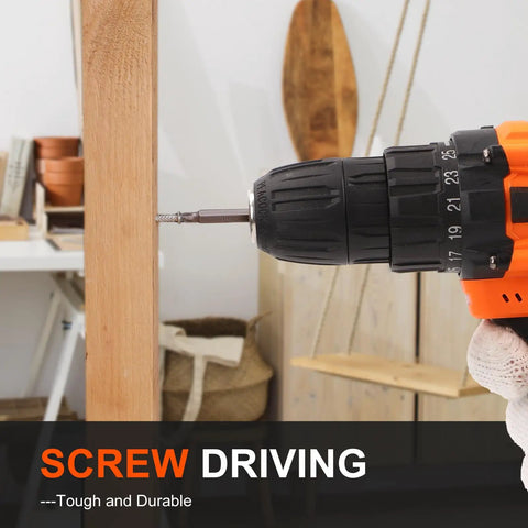 Close-up of a drill driving a screw into wood, showcasing use of the 104 Piece Drill Bit And Driver Set With Tough Case.