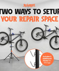 Two setup options for Bike Repair Stand With Workstand Mat And Detachable Wall Mount Clamp for versatile bicycle maintenance.