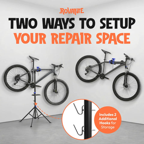Two setup options for Bike Repair Stand With Workstand Mat And Detachable Wall Mount Clamp for versatile bicycle maintenance.