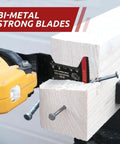 AMZWEI bi-metal oscillating tool blade, curved edge, installed in a yellow tool cutting a wooden block with nails