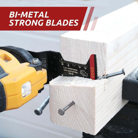 AMZWEI bi-metal oscillating tool blade, curved edge, installed in a yellow tool cutting a wooden block with nails