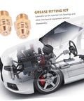 Grease Zerk Fitting Assortment Kit With Angled Nozzles SAE Brass Angled Grease Tips for auto and industrial use, displayed over car diagram