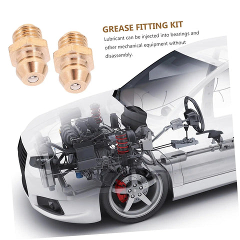 Grease Zerk Fitting Assortment Kit With Angled Nozzles SAE Brass Angled Grease Tips for auto and industrial use, displayed over car diagram